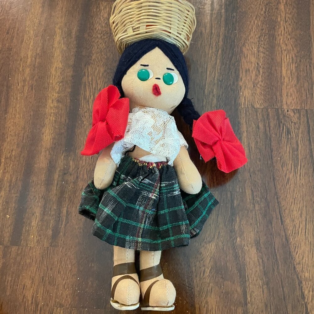 Vintage Mexican Folk Art Rag Doll with Basket 10" Handmade!